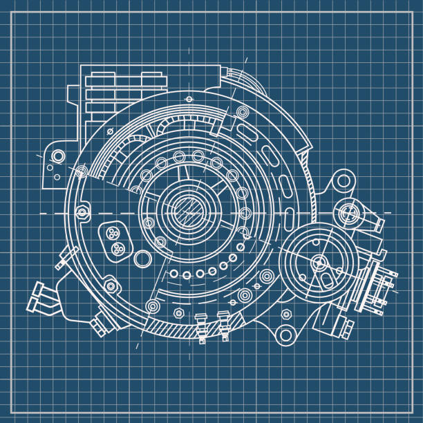 Drawing the electric motor section representing the internal structure and mechanisms. It can be used to illustrate the ideas related to science, engineering design and high-tech Drawing the electric motor section representing the internal structure and mechanisms. It can be used to illustrate the ideas related to science, engineering design and high-tech. Blueprint hightech stock illustrations