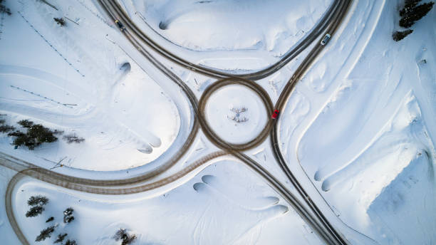 istock Aerial view of a road junction in snow 940370048