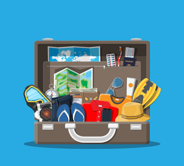 ilustraciones, imágenes clip art, dibujos animados e iconos de stock de set de viaje grande. vacaciones de verano, turismo, vacaciones - empaquetar