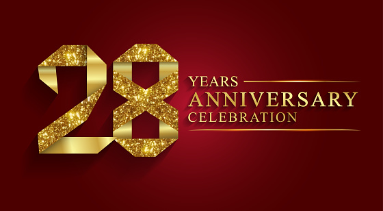 28 years anniversary celebration logotype. Logo,ribbon golden number on red background.Numbers ribbon gold foil.