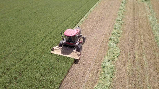 istock Red Combine harvester in a green field - Aerial Image 940375154