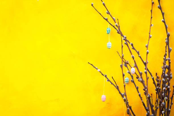 Easter background with eggs and branches of willow