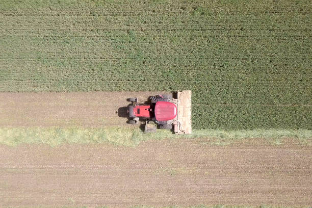 istock Red Combine harvester in a green field - Aerial Image 940381120