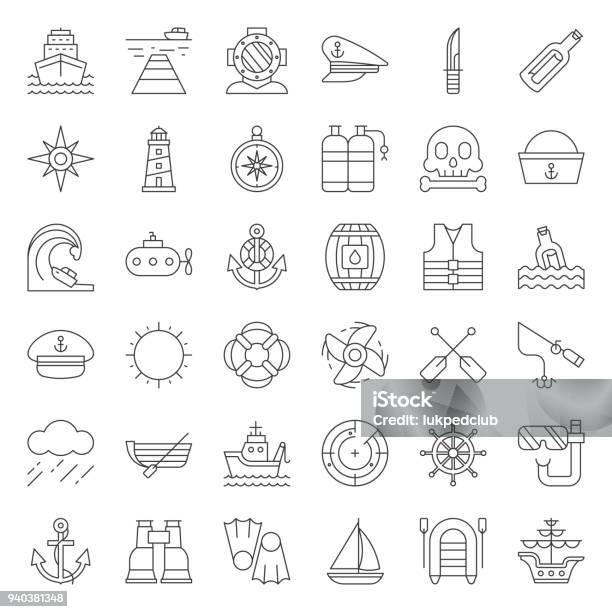 Nautical And Sailor Outline Icon Set Stock Illustration - Download Image Now - Icon Symbol, Message in a Bottle, Life Jacket