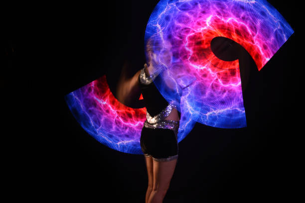 Led poi. Laser show performance, dancer in led suits with LED lamp