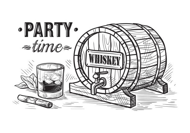 Sketch Whiskey Bottle and Glass and wooden barrel Sketch Whiskey Bottle and Glass and wooden barrel. Hand Drawn Drink Vector Illustration bourbon barrel stock illustrations