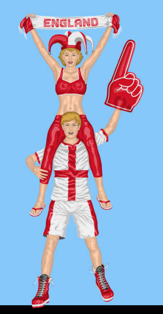 englische fans unterstützende england-team mit schal und schaum finger - fan england british culture english culture stock-grafiken, -clipart, -cartoons und -symbole