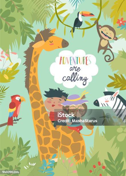 Children Riding Giraffe Stock Illustration - Download Image Now - Animal, Animal Themes, Rainforest
