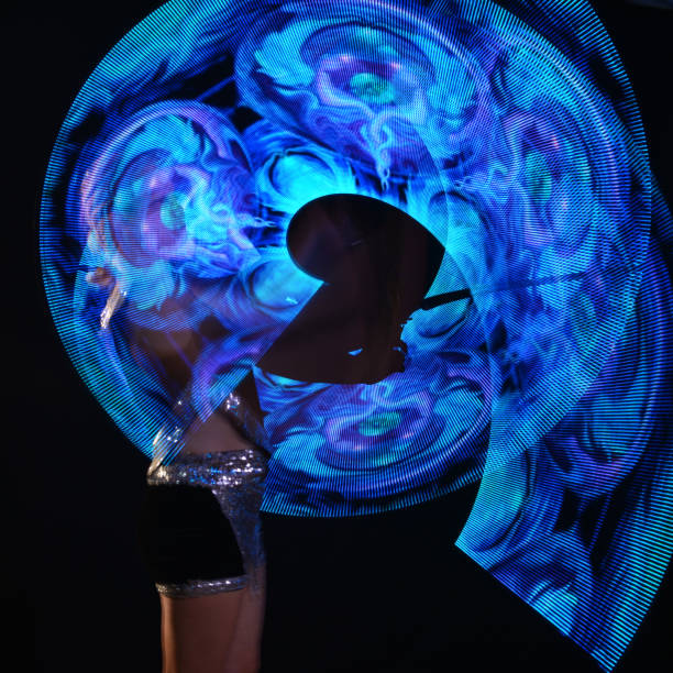 istock Led poi. Laser show performance, dancer in led suits with LED lamp 940390912