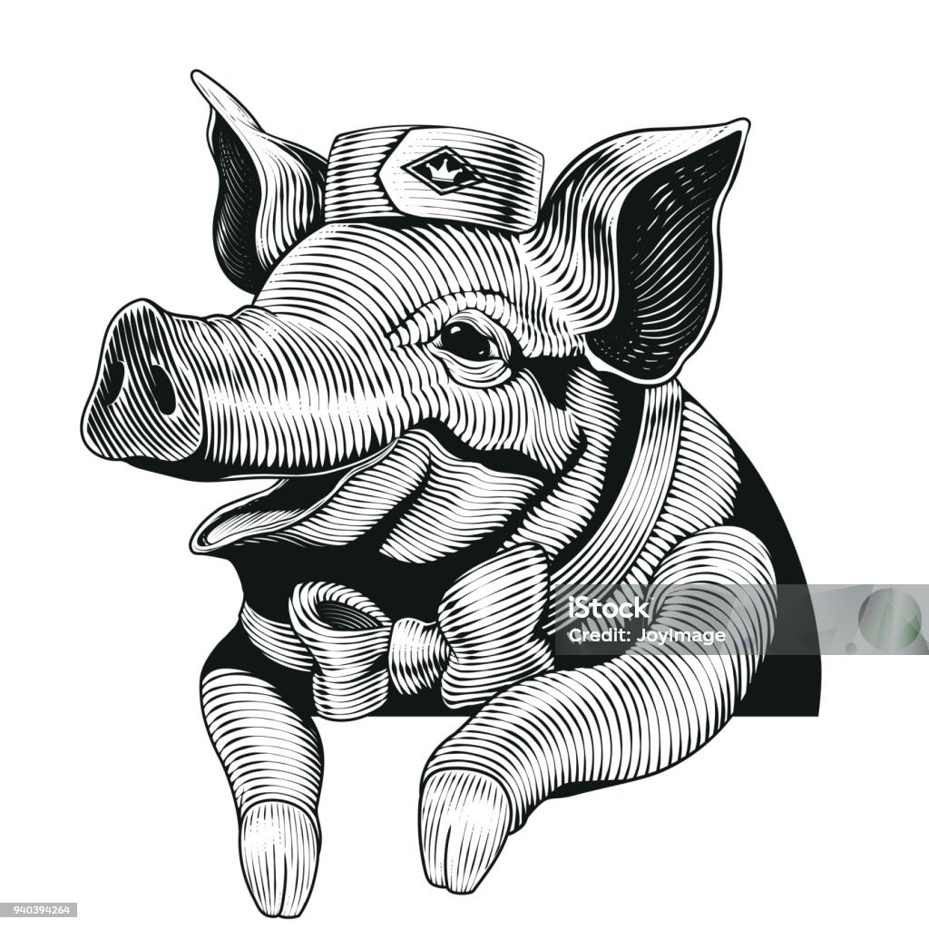 Engraving style pig Engraving style pig, smiling pig design elements for delicatessen shop Delicatessen stock vector