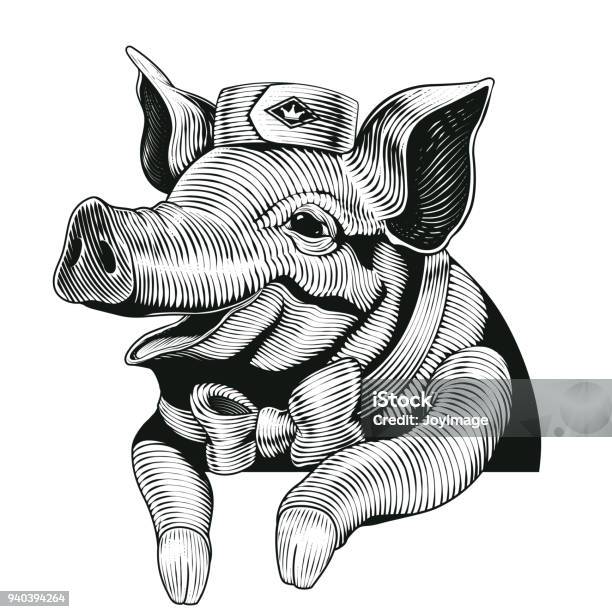 Engraving Style Pig Stock Illustration - Download Image Now - Delicatessen, Restaurant, Template