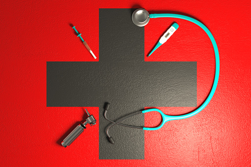 Medical Equipment top view with red colored background and plus sign.  ( 3d render )