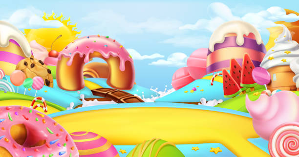 Glade in a candy. Sweet worldscape, 3d vector panorama Glade in a candy. Sweet worldscape, 3d vector panorama land stock illustrations