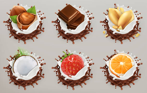 과일, 딸기 및 견과류 우유와 초콜릿 밝아진, 아이스크림 3 차원 벡터 아이콘 세트 - hazel eyes stock illustrations