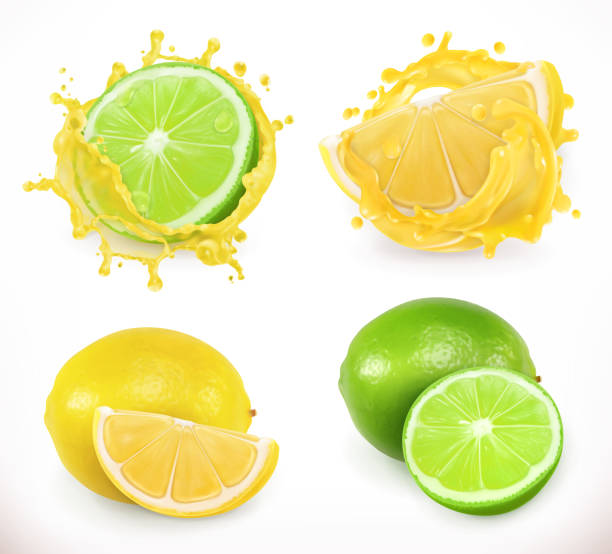 레몬과 라임 주스입니다. 신선한 과일, 3d 벡터 아이콘 - lemon isolated clipping path white background stock illustrations