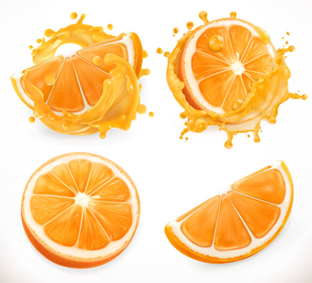 orangensaft. frisches obst und spritzer. 3d realismus vektor icon-set - orange frucht stock-grafiken, -clipart, -cartoons und -symbole