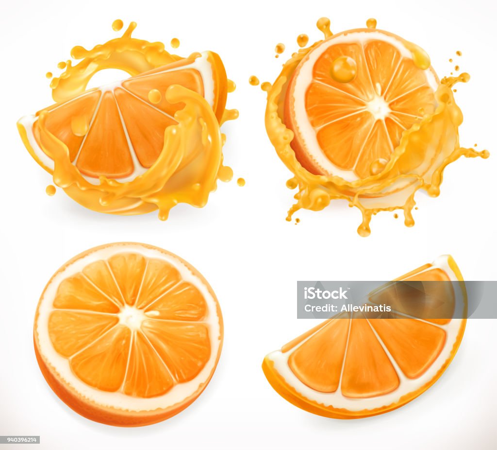Jus d’orange. Fruits frais et des éclaboussures. réalisme 3D, vector icon set - clipart vectoriel de Orange - Fruit libre de droits