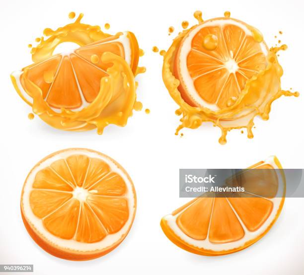 Orange Juice Fresh Fruit And Splashes 3d Realism Vector Icon Set Stock Illustration - Download Image Now