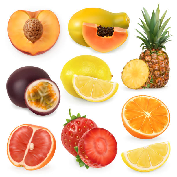 ilustraciones, imágenes clip art, dibujos animados e iconos de stock de jugosa fruta dulce madura. realismo 3d, vector icon set - papaya fruta tropical