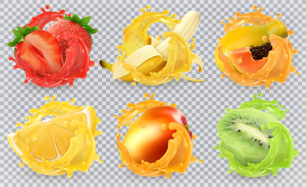 Mango, banana, kiwi fruit, strawberry, lemon, papaya juice. Fresh fruits and splashes, 3d realistic vector icon set Mango, banana, kiwi fruit, strawberry, lemon, papaya juice. Fresh fruits and splashes, 3d realistic vector icon set hyperrealism stock illustrations