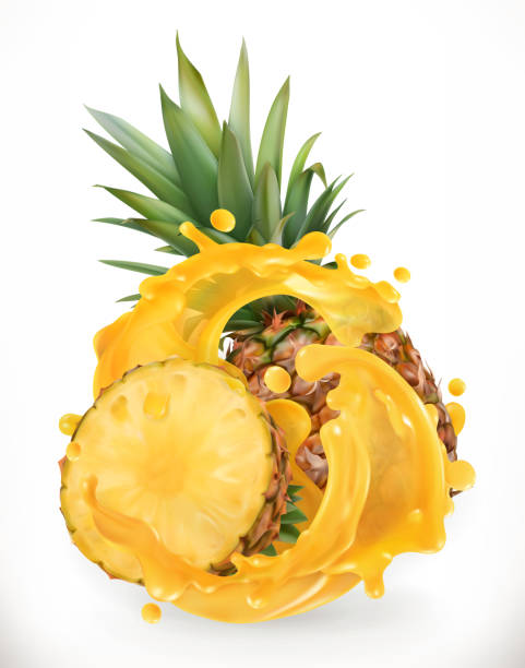 Pineapple juice. Fresh fruit. 3d realism, vector icon Pineapple juice. Fresh fruit. 3d realism, vector icon hyperrealism stock illustrations
