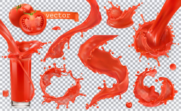 ilustrações de stock, clip art, desenhos animados e ícones de red paint splash. tomato, strawberries. 3d realistic vector icon set - splashing juice liquid red