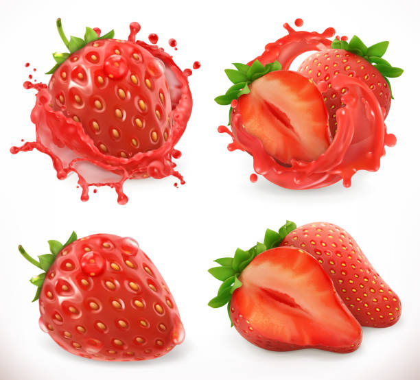 Strawberry juice. Fresh fruit, 3d realistic vector icon Strawberry juice. Fresh fruit, 3d realistic vector icon hyperrealism stock illustrations