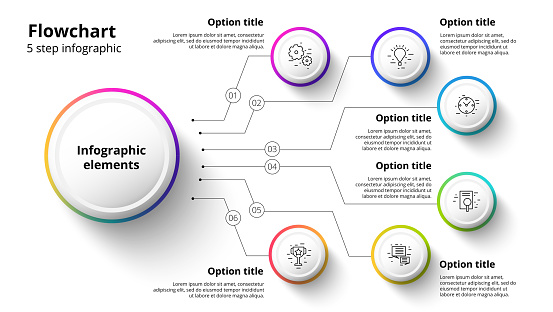 Business process chart infographics with 6 step segments. Circular corporate timeline infograph elements. Company presentation slide template. Modern vector info graphic layout design.