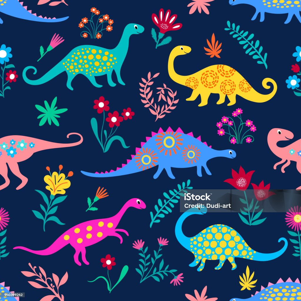 Modèle d’enfants mignons de dinosaures pour filles et garçons, coloré animaux de dessin animé sur l’abstrait sans soudure, artistique Backdrop pour textiles et de tissus. - clipart vectoriel de Dinosaure libre de droits