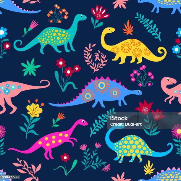 Modèle Denfants Mignons De Dinosaures Pour Filles Et Garçons Coloré Animaux De Dessin Animé Sur Labstrait Sans Soudure Artistique Backdrop Pour Textiles Et De Tissus Vecteurs libres de droits et plus d'images vectorielles de Dinosaure