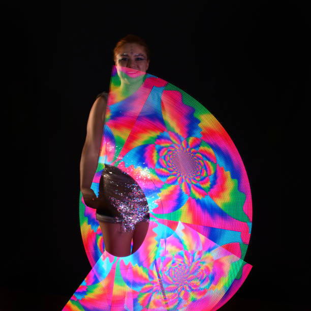 istock Led poi. Laser show performance, dancer in led suits with LED lamp 940399638