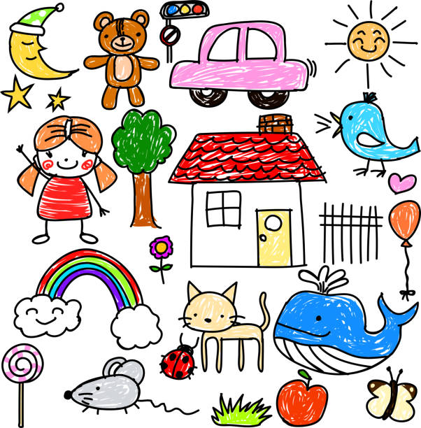 ilustrações, clipart, desenhos animados e ícones de conjunto de graffiti infantil - childs drawing