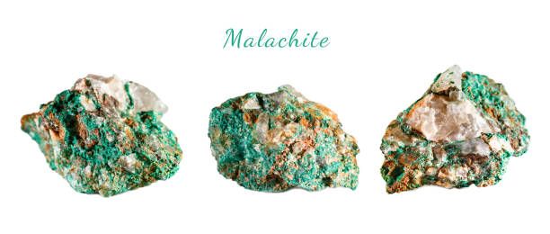istock Macro shooting of natural gemstone. Raw mineral malachite. Morocco. Isolated object on a white background 940405012