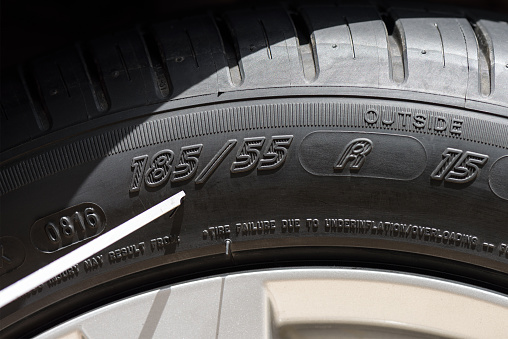 closeup details of car tire, sidewall information