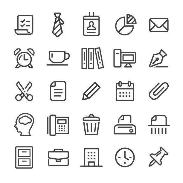Office Icons - Smart Line Series Office, paperwork, office supply, file, place of work laptop in a trash bin stock illustrations
