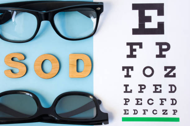 istock Ophthalmic table for testing visual acuity, pair of eyeglasses and SOD inscription in Latin oculus dexter and sinister meaning right and left eye. Photos for use in ophthalmology and optometry 940411048