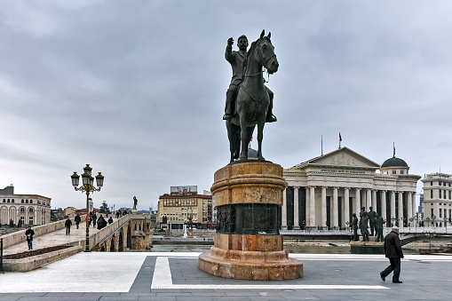 Skopje, Republic of Macedonia - February 24, 2018:  Skopje City Center and Gotse Delchev Monument, Macedonia