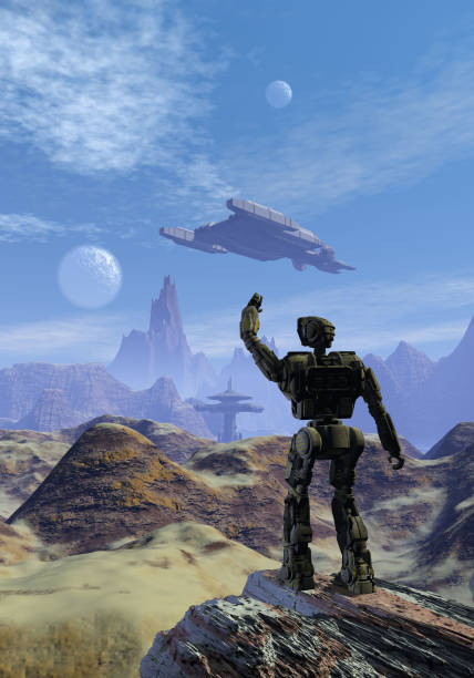 istock Robot and spaceships on an alien planet with mountains and rocks 940414646