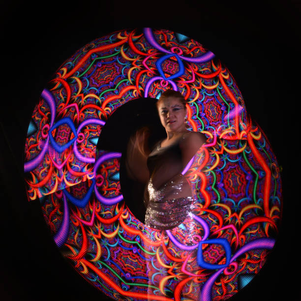 istock Led poi. Laser show performance, dancer in led suits with LED lamp 940425826