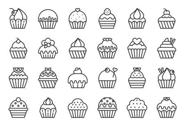 satz von cupcake in verschiedenen stil, übersicht-symbol - fruitcake stock-grafiken, -clipart, -cartoons und -symbole