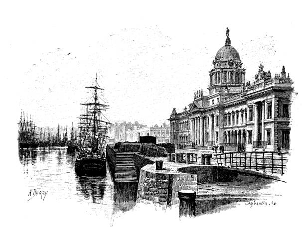 ilustrações, clipart, desenhos animados e ícones de ilustrações de inglaterra, escócia e irlanda de antiguidades: custom house - dublin ireland custom house famous place republic of ireland