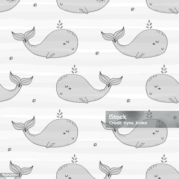 Cute Background With Cartoon Whales Baby Shower Design Stock Illustration - Download Image Now