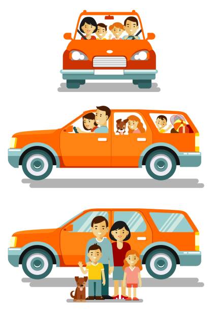 Happy family traveling by car in different views front and side People set father, mother and children sitting in automobile and standing together. Vector illustration in flat style isolated on white background. journey clipart stock illustrations