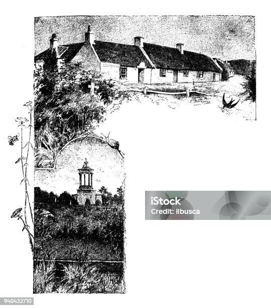 Antique Illustrations Of England Scotland And Ireland Country House And Burns Monument Stock Illustration - Download Image Now