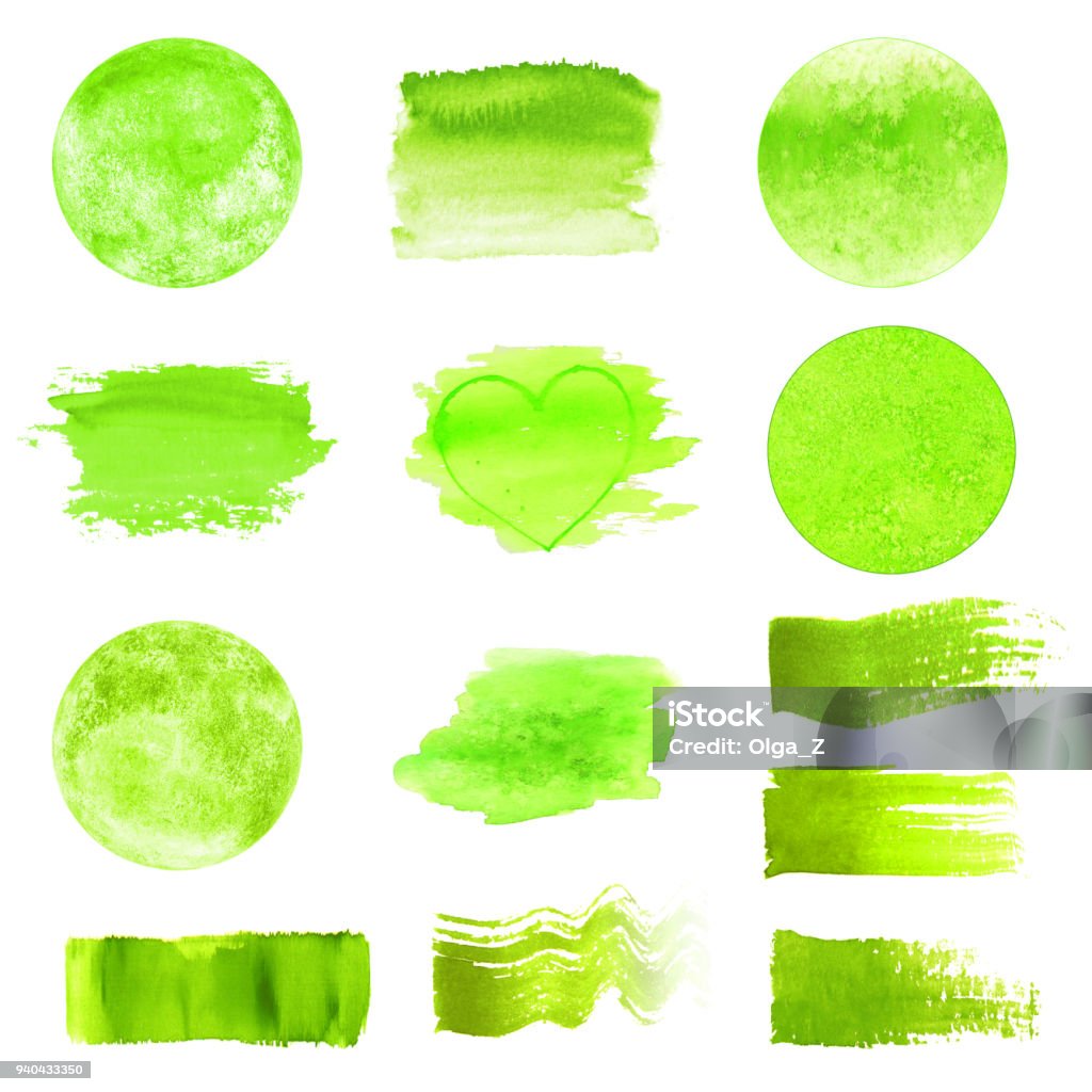 Green watercolor logo design template spots set Set of green watercolor logo design template spots. Green watercolour hand drawn sign label emblem banner stains. Eco design template grunge brush texture illustration isolated on white background Environmental Conservation stock vector