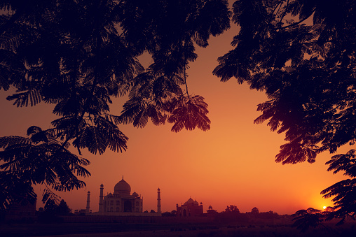 amazing travelicng concept, Silhouette of Taj Mahal, Agra, India.