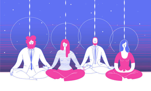 ilustrações de stock, clip art, desenhos animados e ícones de several office workers in smart clothing sit in yoga position and meditate against abstract blue background. concept of business meditation and team building activity. vector illustration for poster. - yoga meditating business group of people