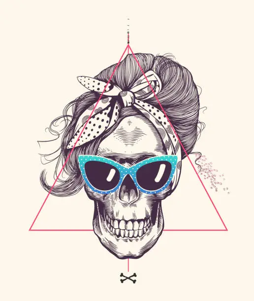 Vector illustration of Women's skull in woodcut style with fashionable hairstyle wearing cool scarf and glasses against hipster abstract background. Vector illustration can be used as t-shirt print, poster, postcard etc.