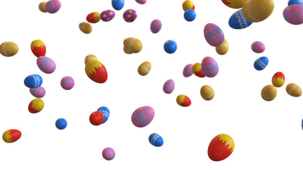 3D illustration of Easter eggs falling on a  white background stock photo