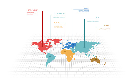 Vector illustration infographic of the World map with continents highlighted by different colors and labels